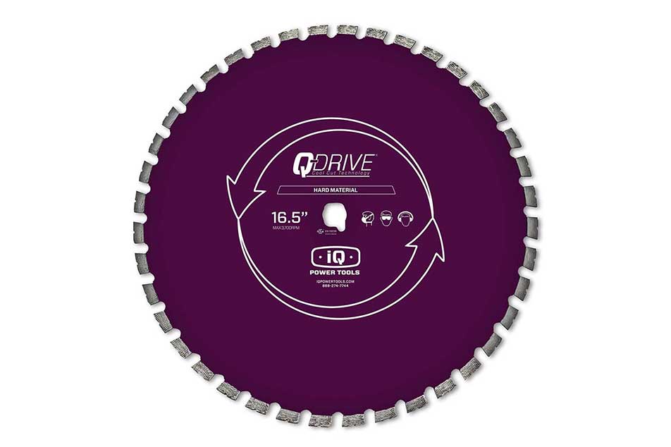 Purple circular saw blade with branding on a white background
