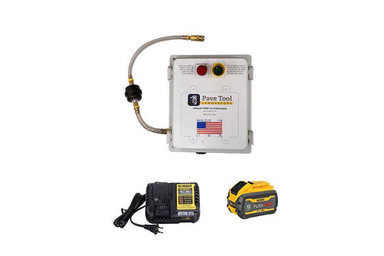 A yellow power pack device with a white control panel labeled 'Pave Tool' attached to a piece of construction equipment.