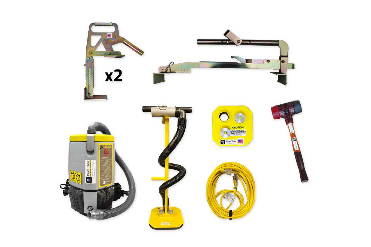 collage of all tools in the paver laying package
