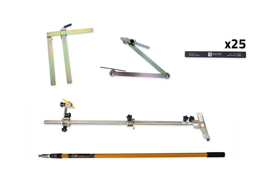 Set of measuring tools including a tape measure, protractor, with branding on a white background.